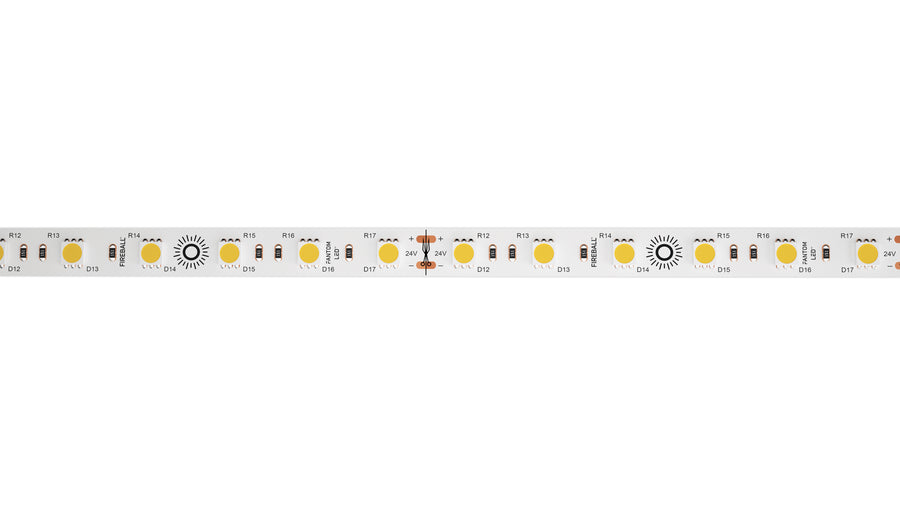 LED tape light on a clean white strip with cut indicators.