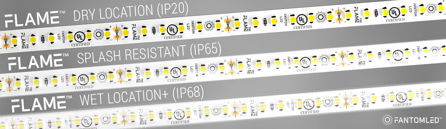 3 kinds of strip lights: Dry location IP20, Splash Resistant (IP65), Wet Location (IP68)