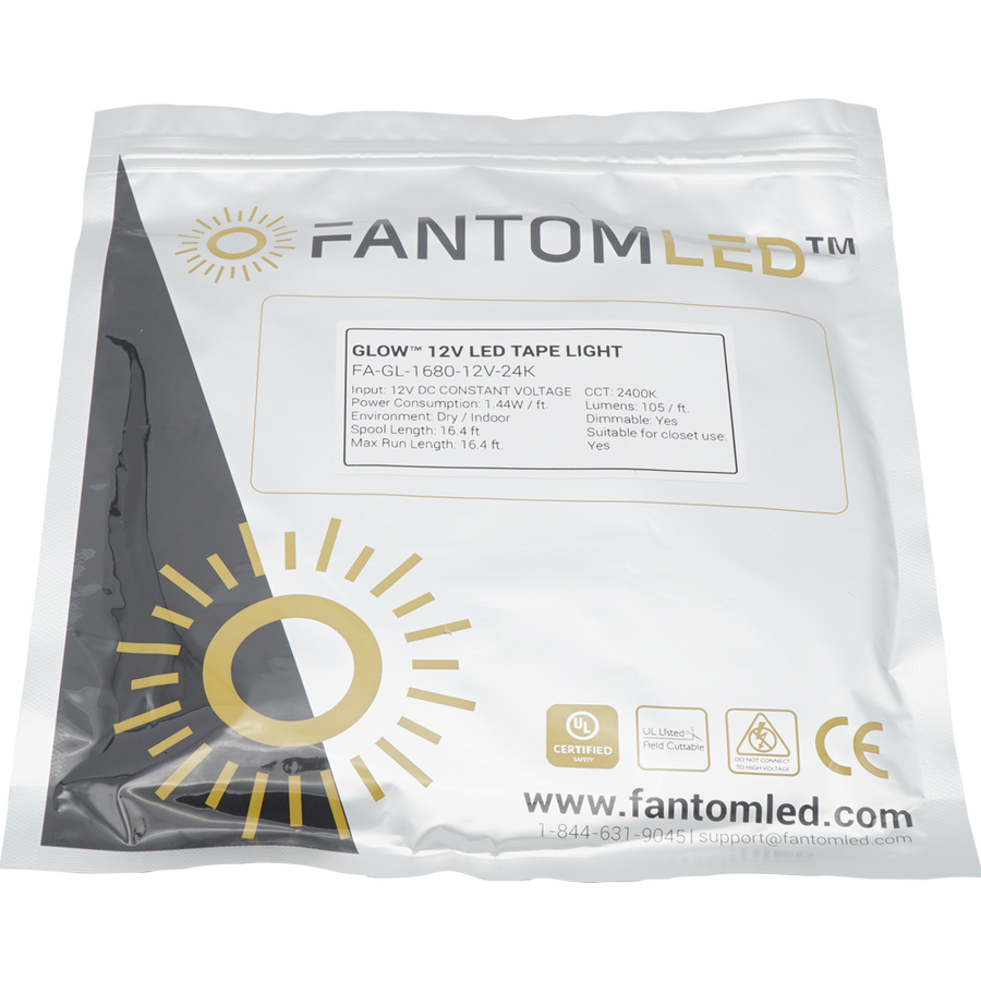 Sealed Fantom LED pouch with Fantom LED 16.4ft tape light inside. With Fantom LED brand and logo printed on and a  product detailing sticker on the pouch