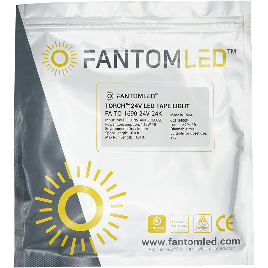 Sealed Fantom LED pouch with Fantom LED 16.4ft tape light inside. With Fantom LED brand and logo printed on and a  product detailing sticker on the pouch