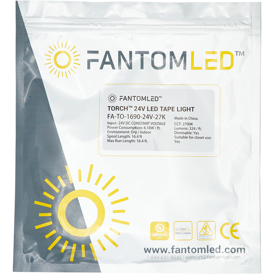 Sealed Fantom LED pouch with Fantom LED 16.4ft tape light inside. With Fantom LED brand and logo printed on and a  product detailing sticker on the pouch