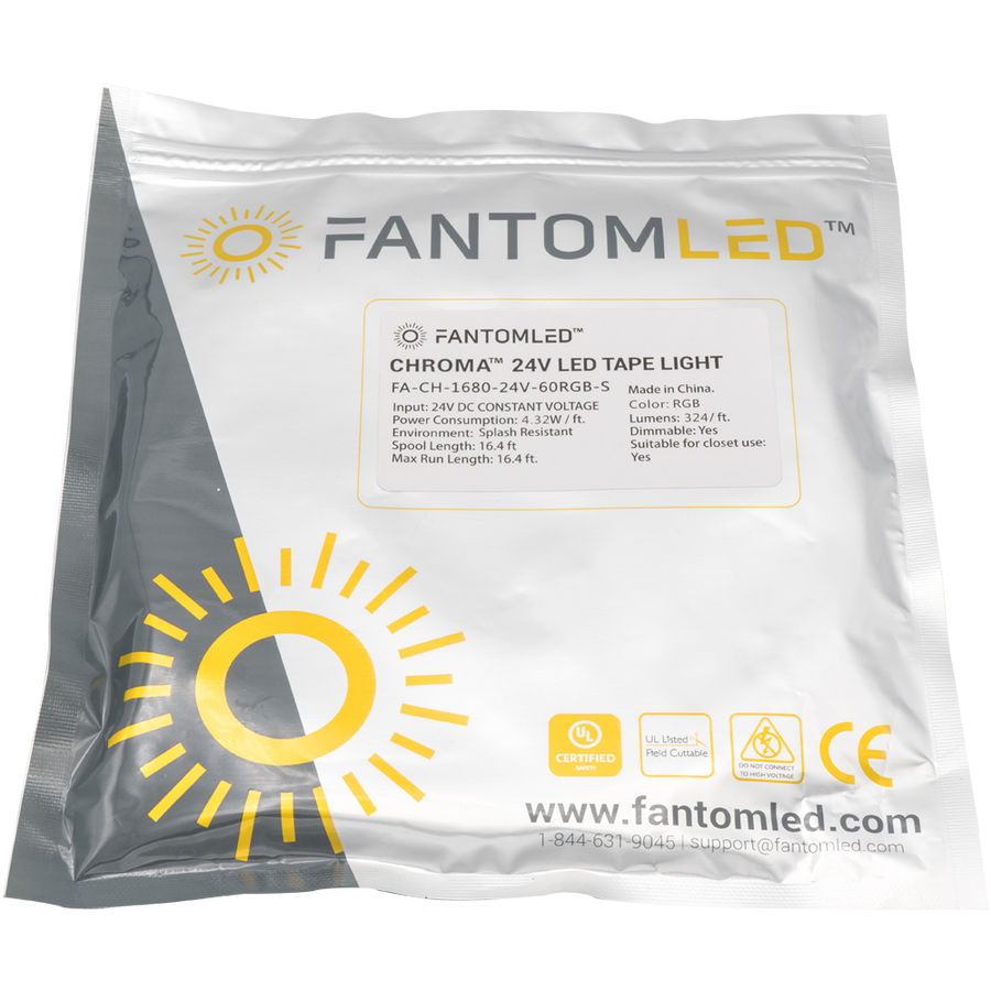 Sealed Fantom LED pouch with Fantom LED 16.4ft tape light inside. With Fantom LED brand and logo printed on and a  product detailing sticker on the pouch