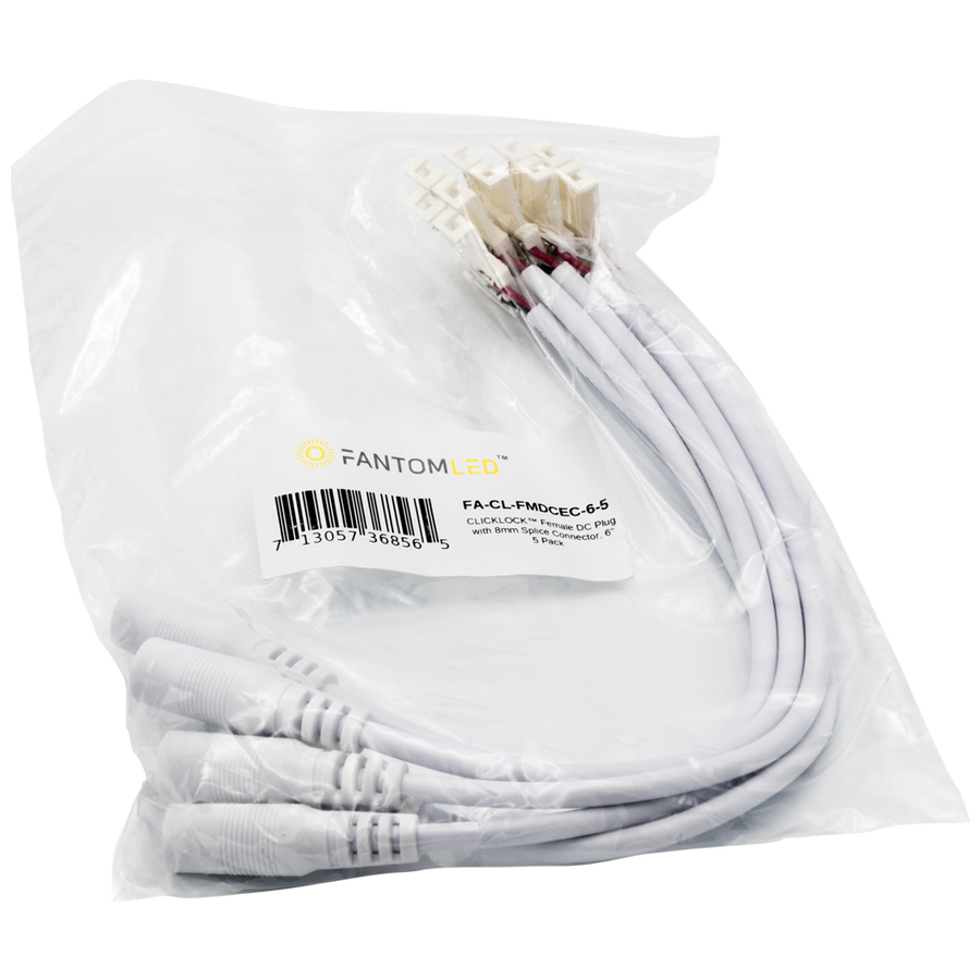 CLICKLOCK™ Female DC Plug with 8mm Splice Connector, 6" - 5 Pack