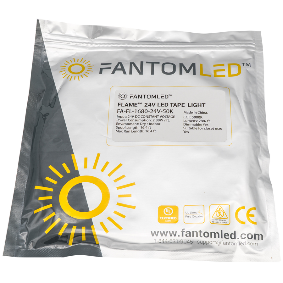 Sealed Fantom LED pouch with Fantom LED 16.4ft tape light inside. With Fantom LED brand and logo printed on and a  product detailing sticker on the pouch